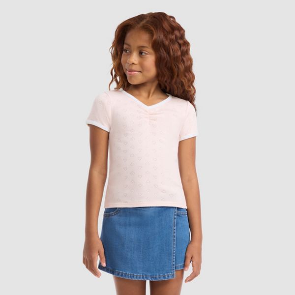 Short Sleeve Rosette Pointelle Knit Top Little Girls 4-6 — Crystal Pink - Pink