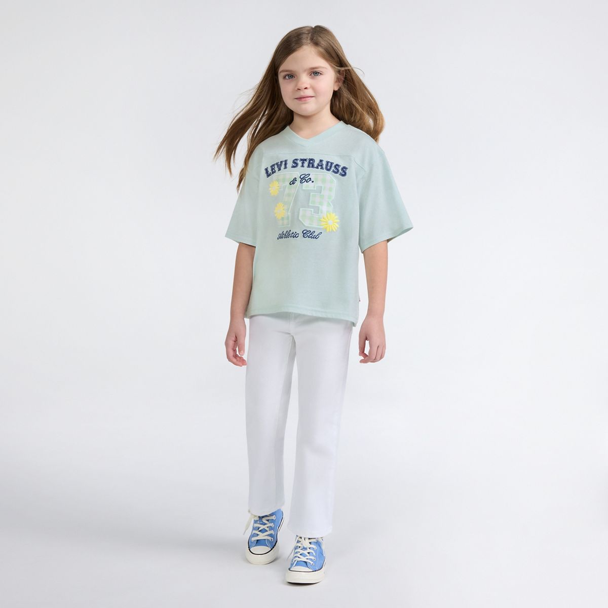 Short Sleeve Oversized Football Knit Top Little Girls 4-6 — Pale Blue