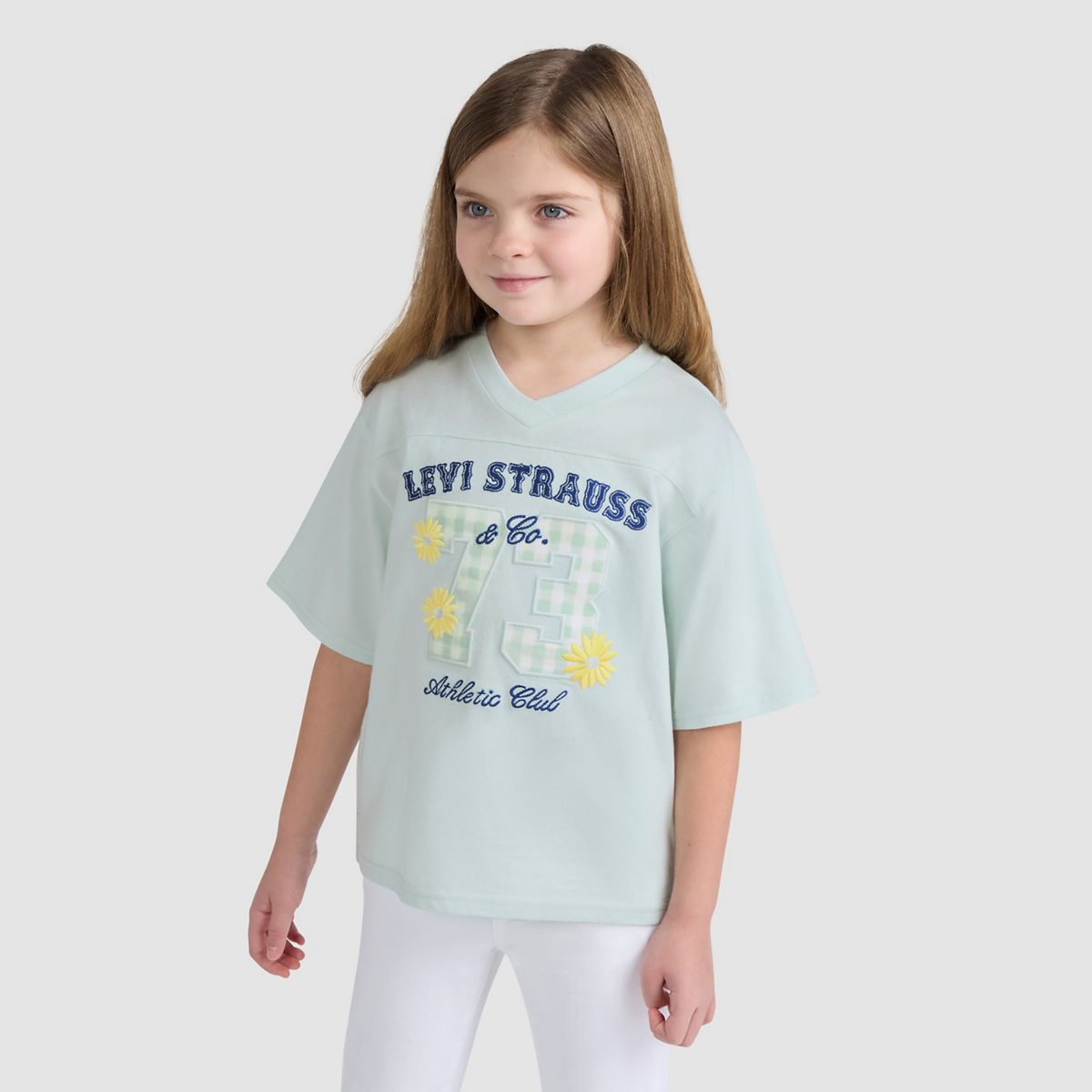 Short Sleeve Oversized Football Knit Top Little Girls 4-6 — Pale Blue