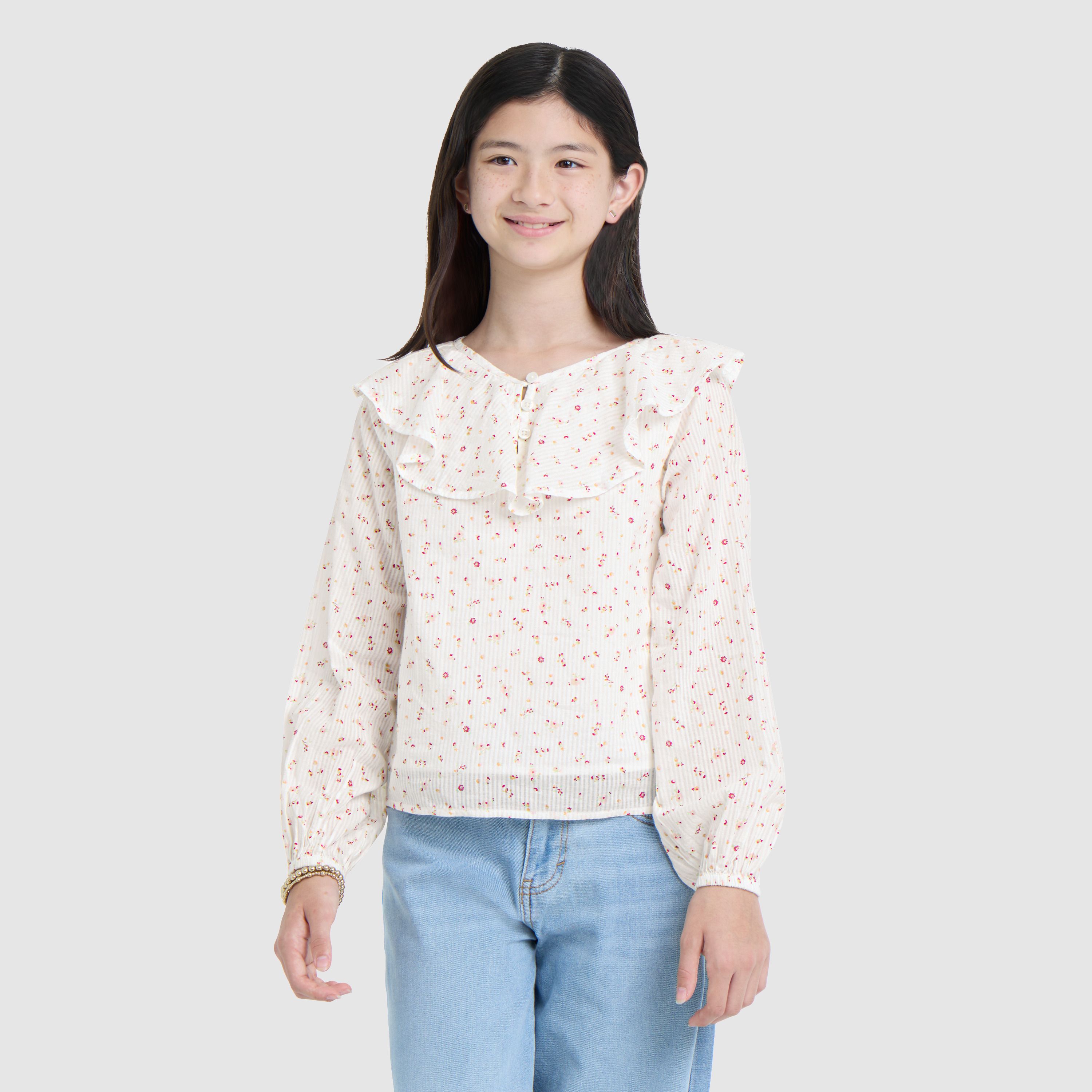 Teenager Long Sleeve Ruffle Top-Ditsy Blouse 2