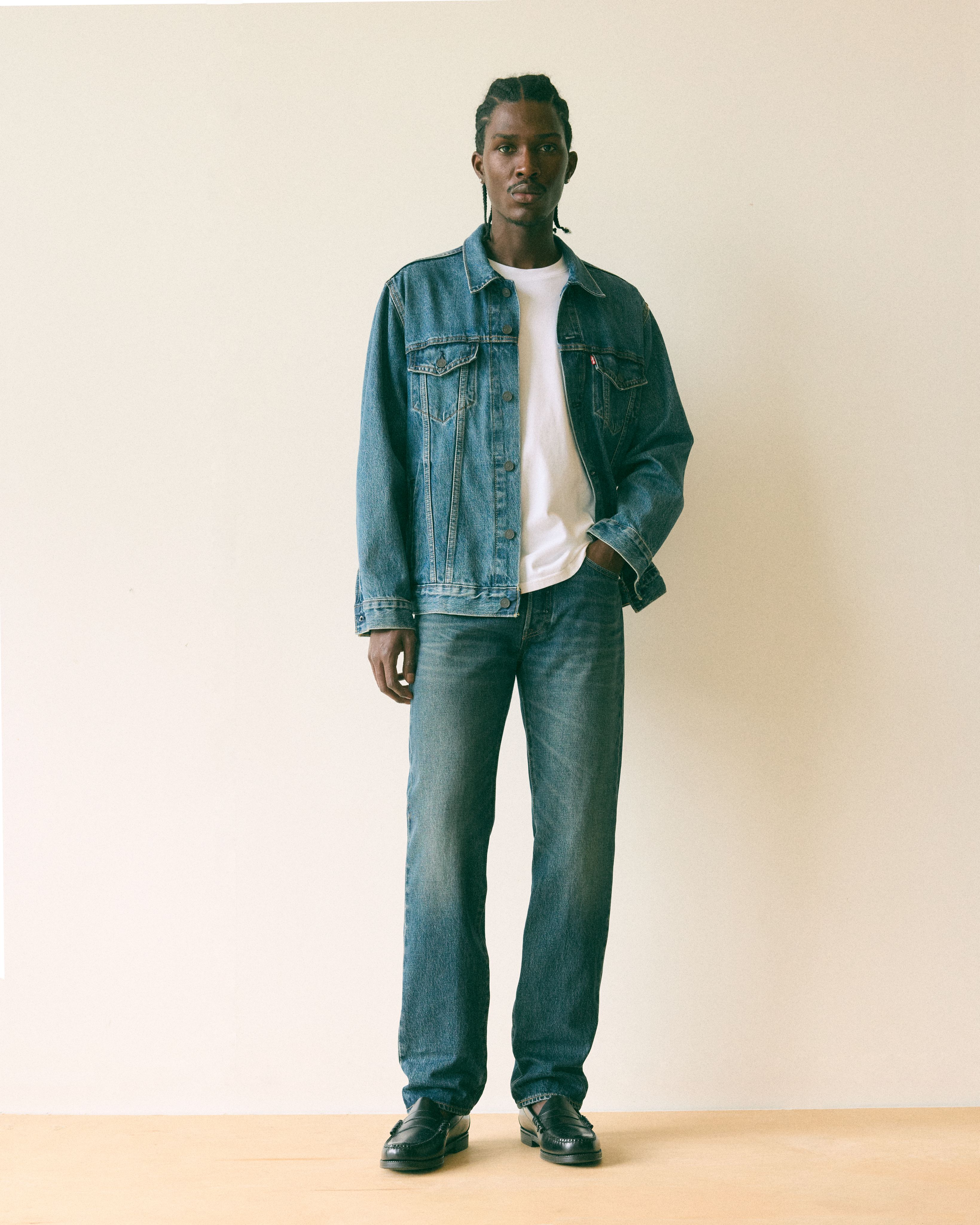 Male model wearing jean pants.