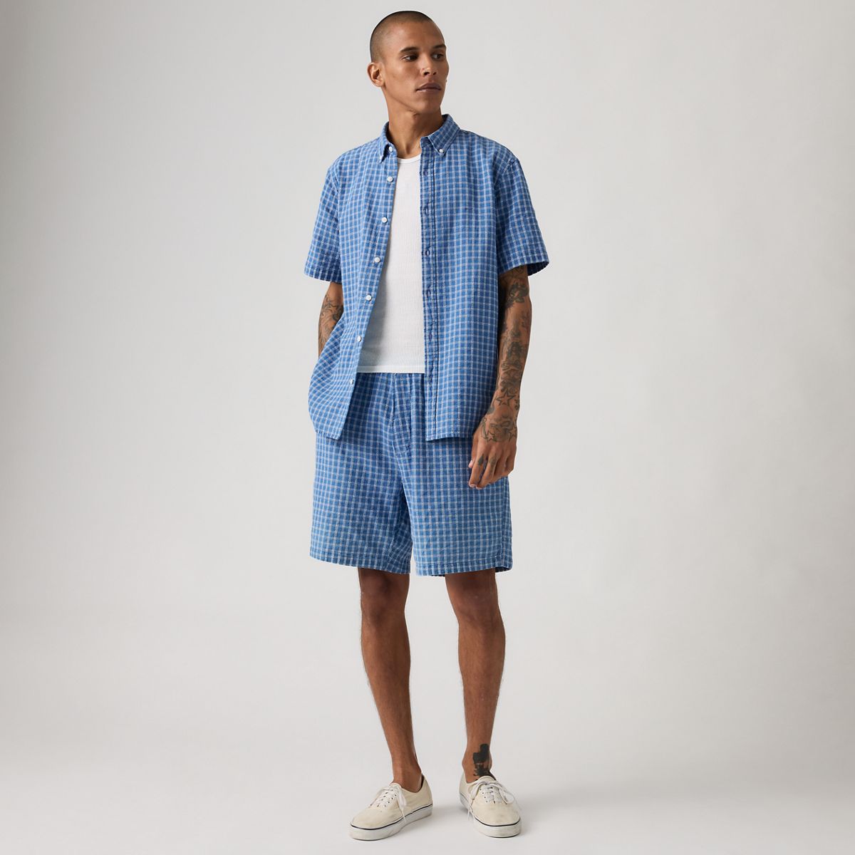 Boxer Cotton Linen 7" Men's Shorts — Sunshine Indigo Dobby - Medium Wash