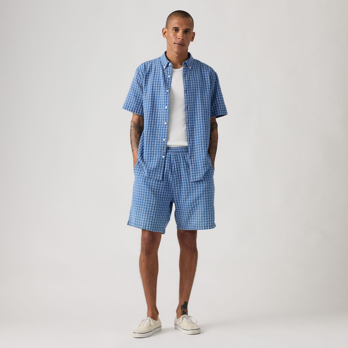Boxer Cotton Linen 7" Men's Shorts — Sunshine Indigo Dobby - Medium Wash