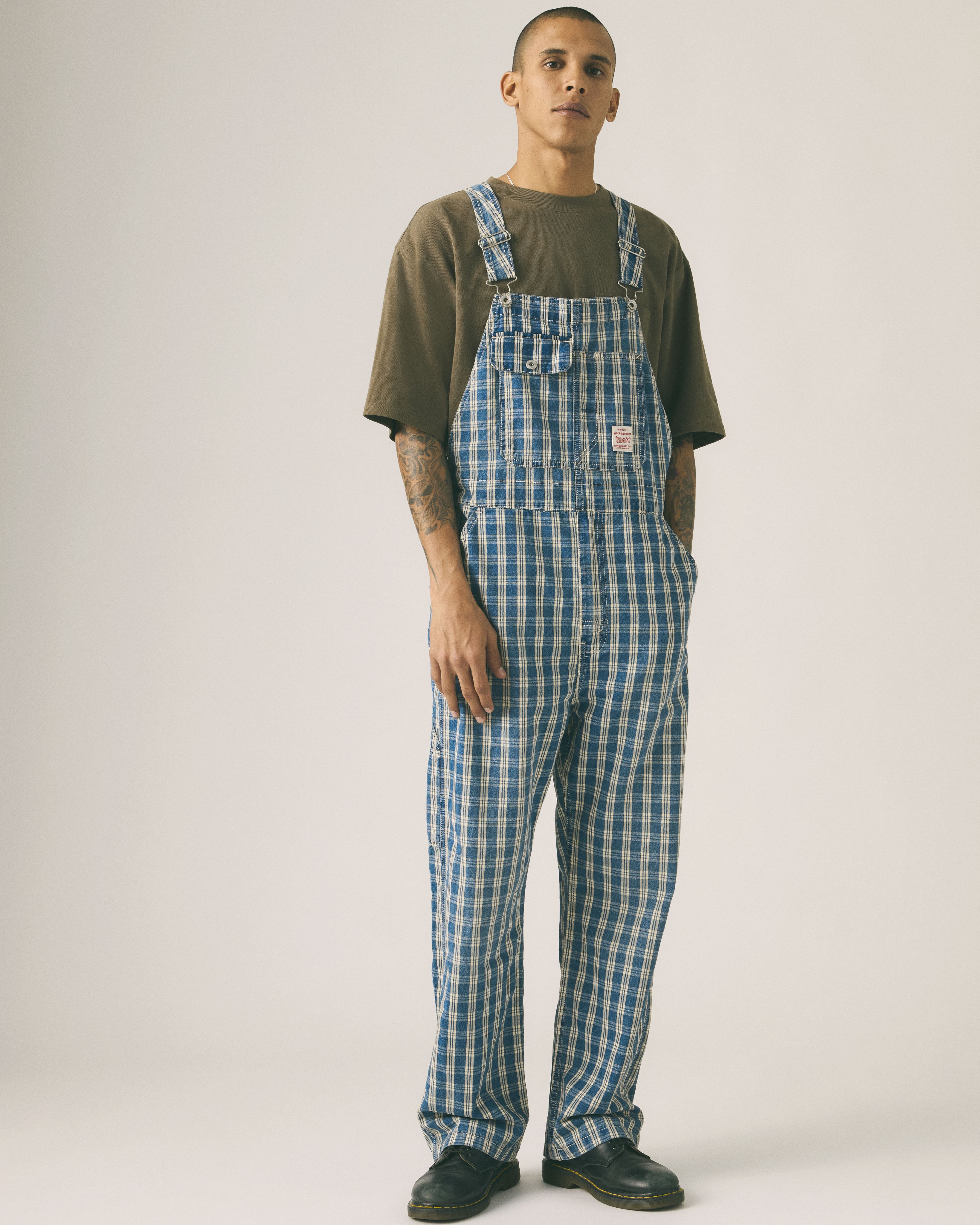 Male model wearing overalls.