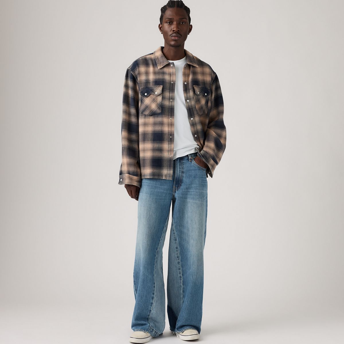 Baggy Wide-Leg Men's Jeans — Rain All Day Pieced - Medium Wash
