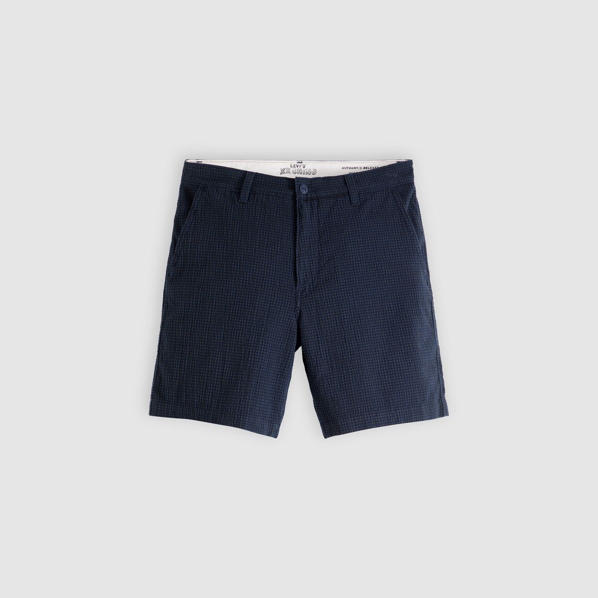 XX Chino Authentic Relaxed Seersucker 8" Men's Shorts — Cadiz Plaid Navy Plaid Seersucker - Blue