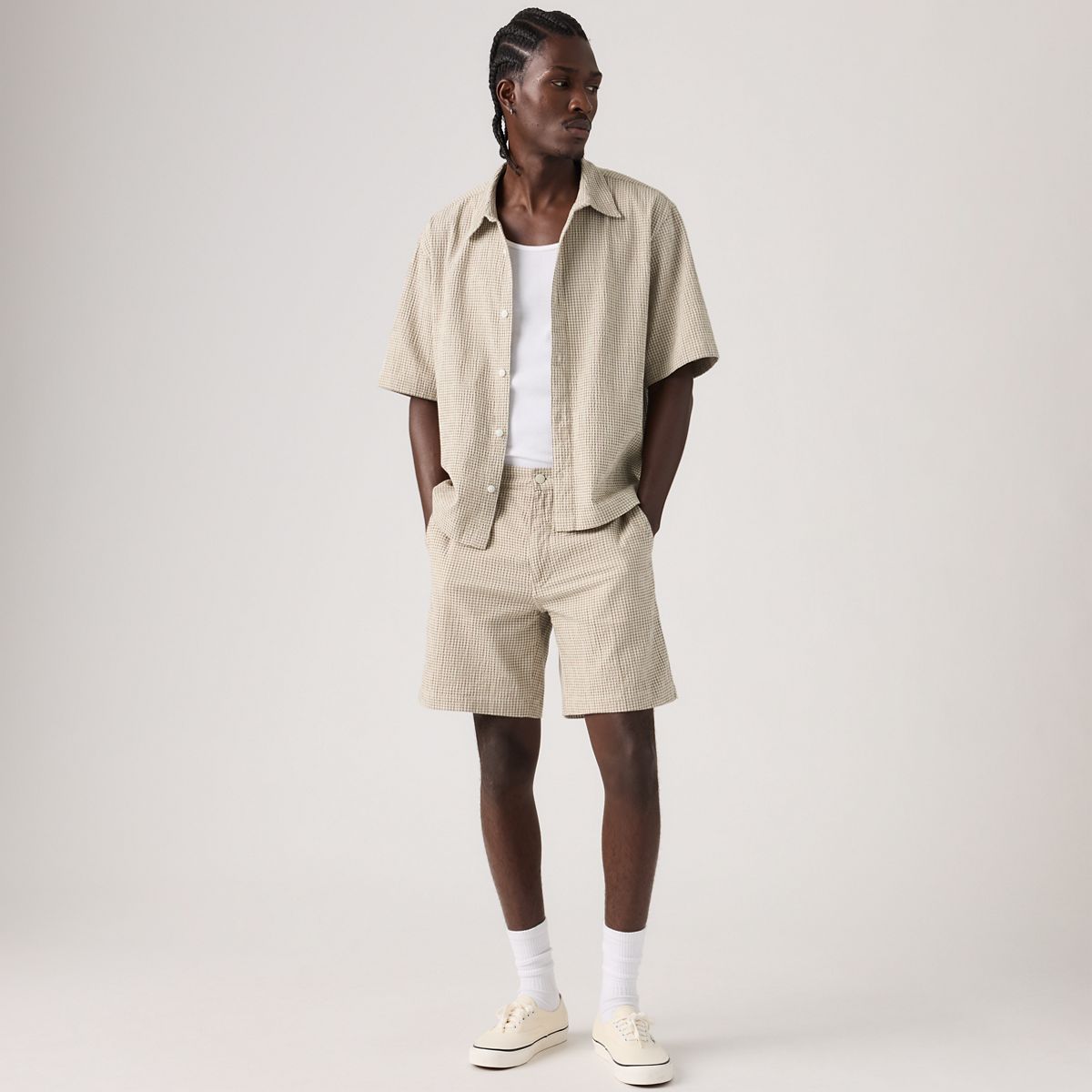 XX Chino Authentic Relaxed Seersucker 8" Men's Shorts — Cadiz Plaid Silver Birch - Brown