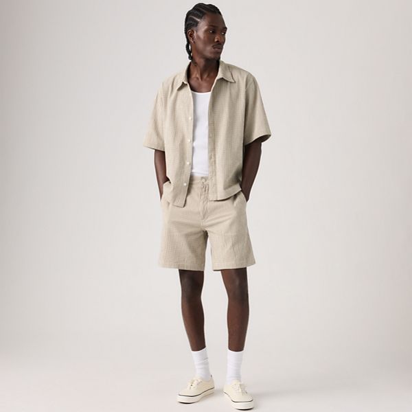 XX Chino Authentic Relaxed Seersucker 8" Men's Shorts — Cadiz Plaid Silver Birch - Brown
