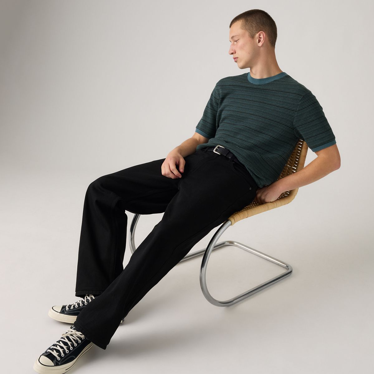 Ani Short-Sleeve Sweater — Textured Stripe Jet Black and Blue - Blue