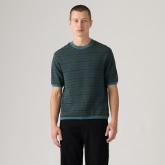 Ani Short-Sleeve Sweater — Textured Stripe Jet Black and Blue - Blue 3