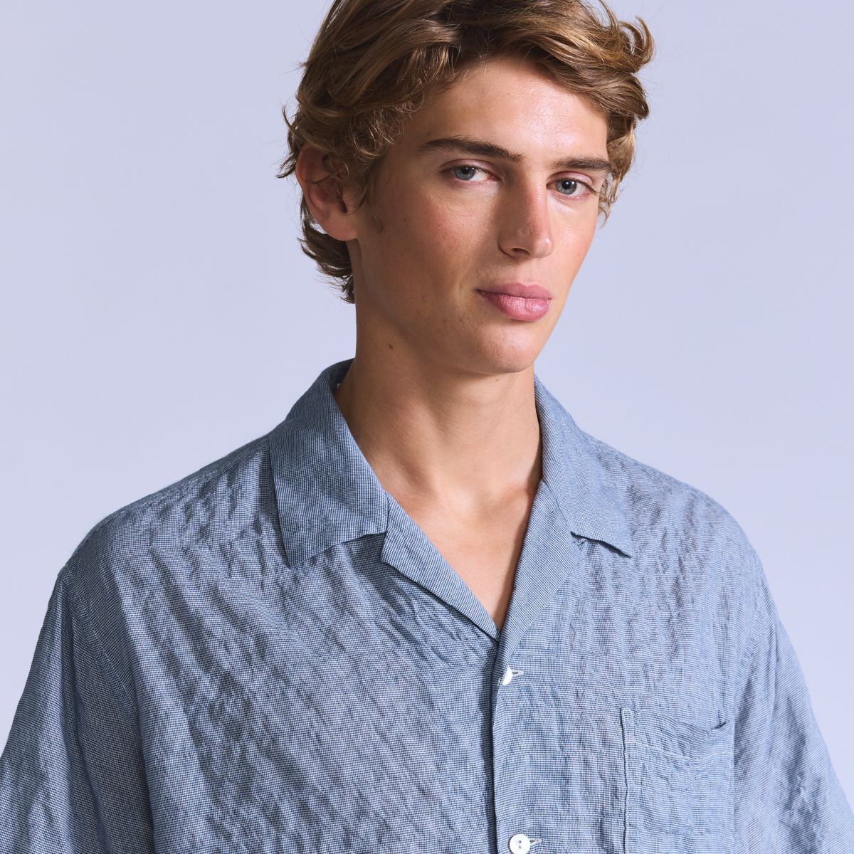 Short-Sleeve Camp Shirt — Mini Plaid - Blue