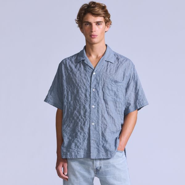 Short-Sleeve Camp Shirt — Mini Plaid - Blue