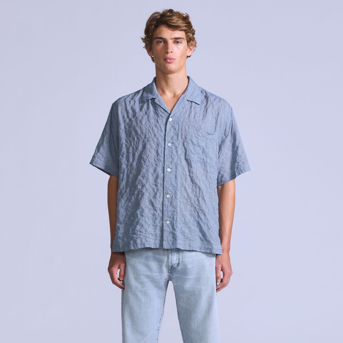 Short-Sleeve Camp Shirt — Mini Plaid - Blue
