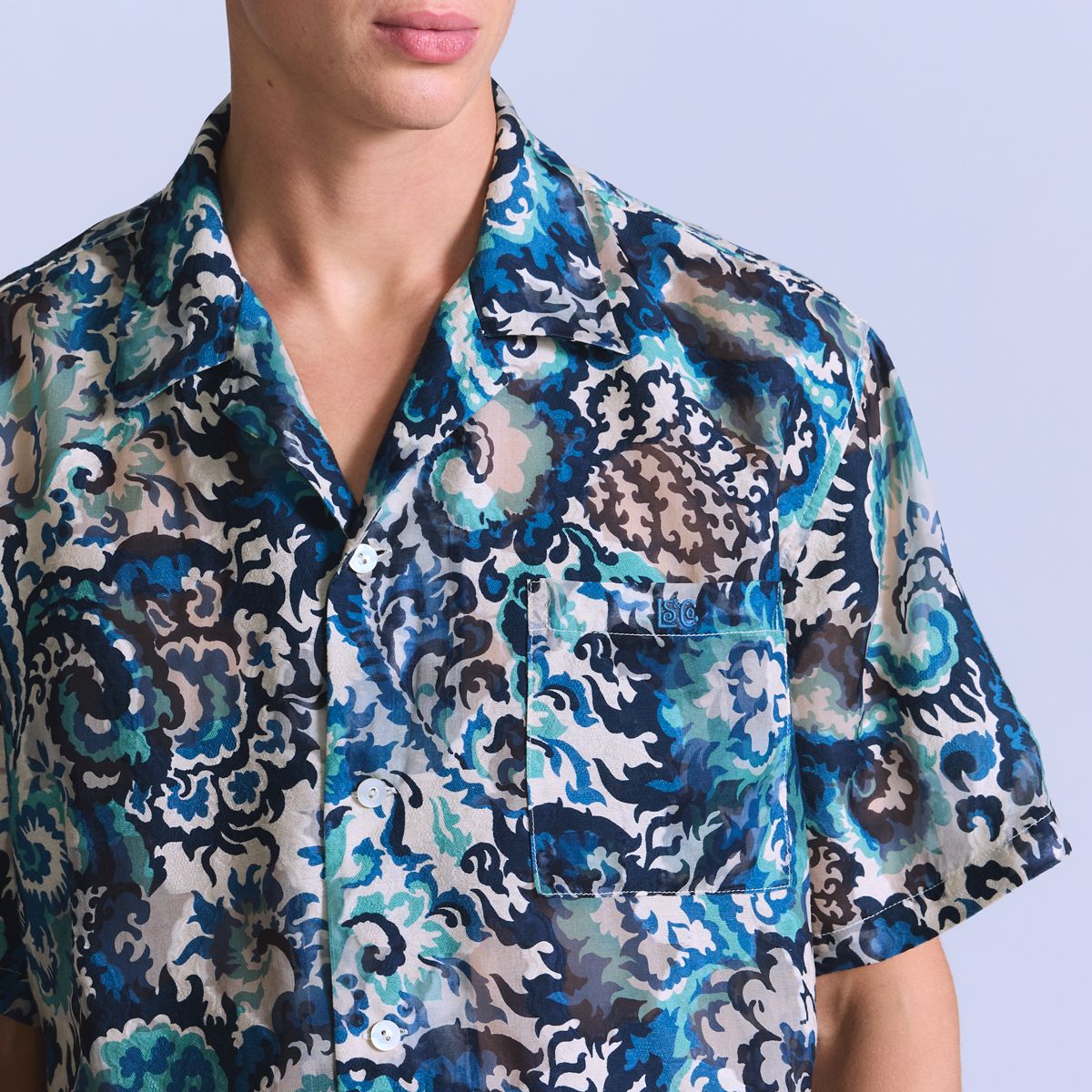 Short-Sleeve Camp Shirt — Jacquard - Blue