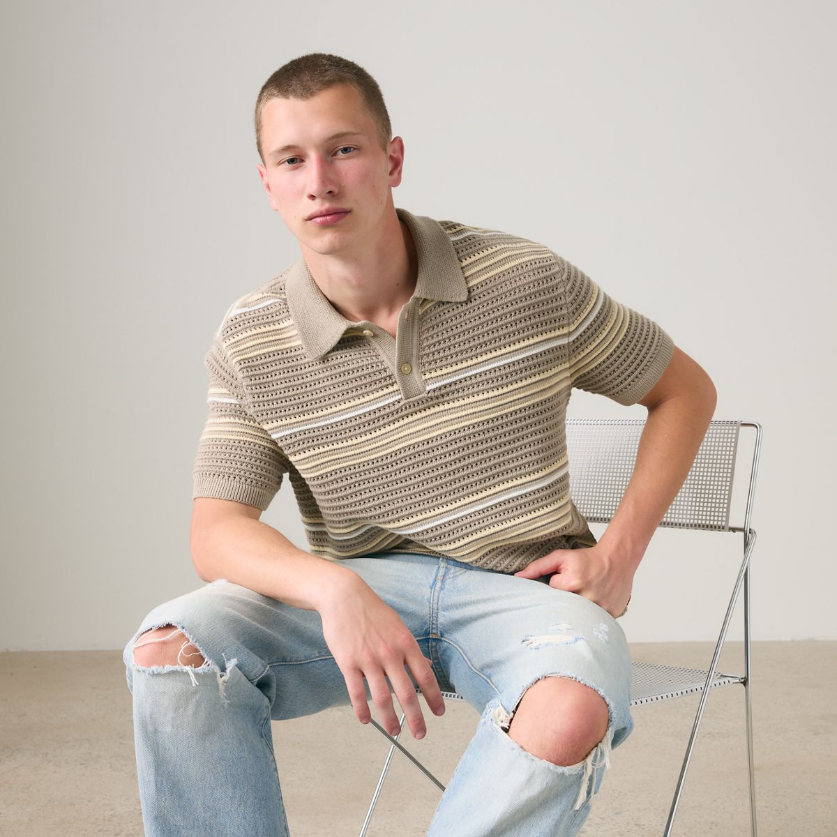 100% Cotton Laguna Sweater Polo — Terrace Stripe Vintage Khaki - Tan