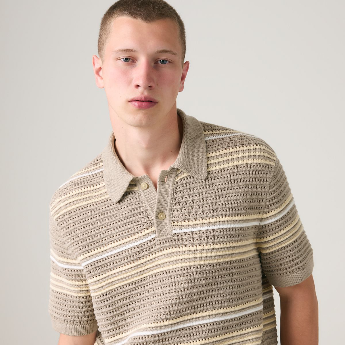 100% Cotton Laguna Sweater Polo — Terrace Stripe Vintage Khaki - Tan