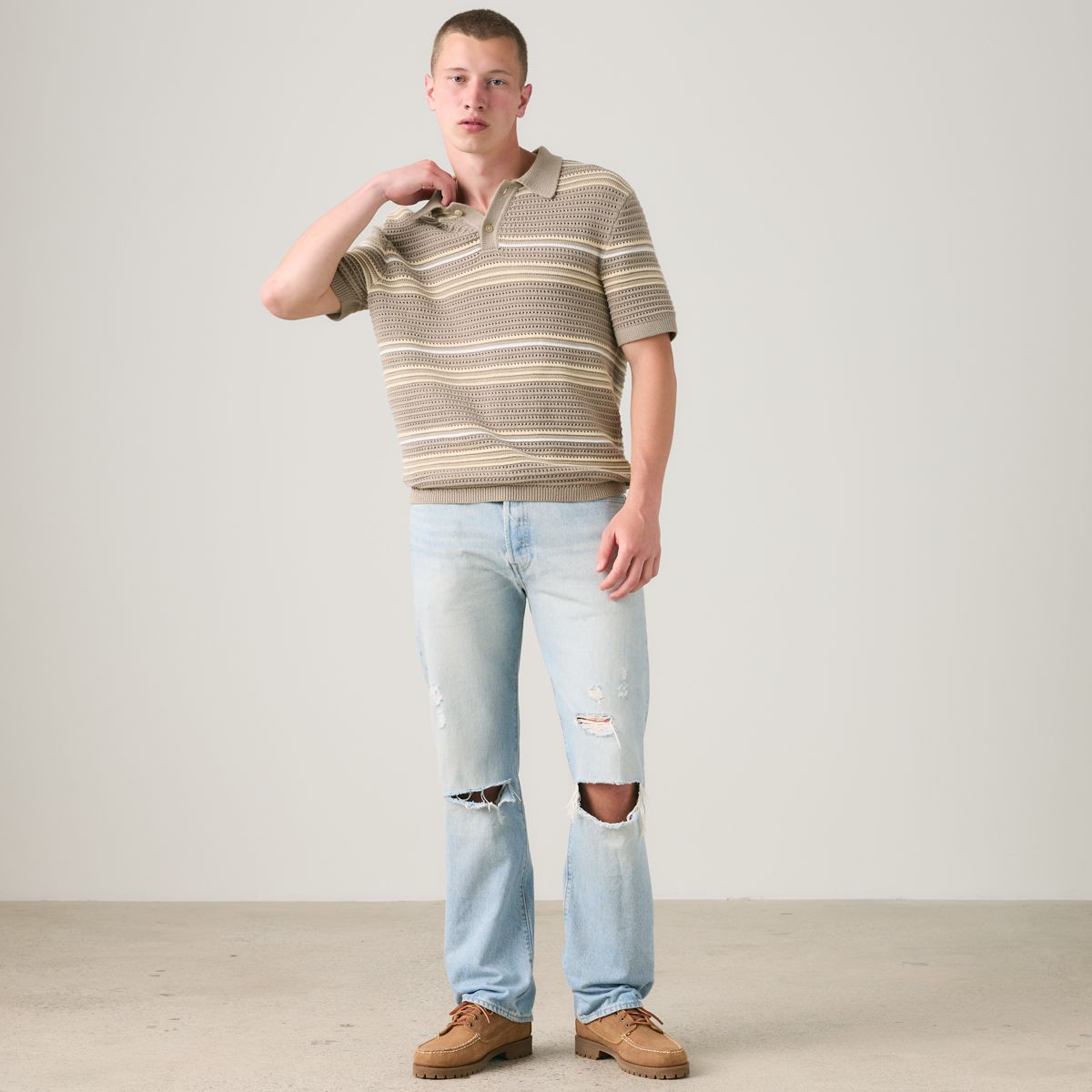 100% Cotton Laguna Sweater Polo — Terrace Stripe Vintage Khaki - Tan