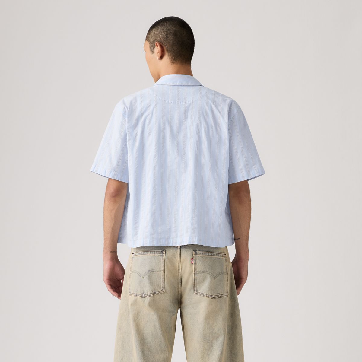 Short-Sleeve Lama Boxy Shirt — Bernal Stripe Soft Chambray - Blue