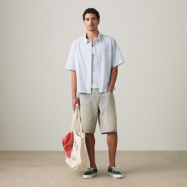 Short-Sleeve Lama Boxy Shirt — Bernal Stripe Soft Chambray - Blue