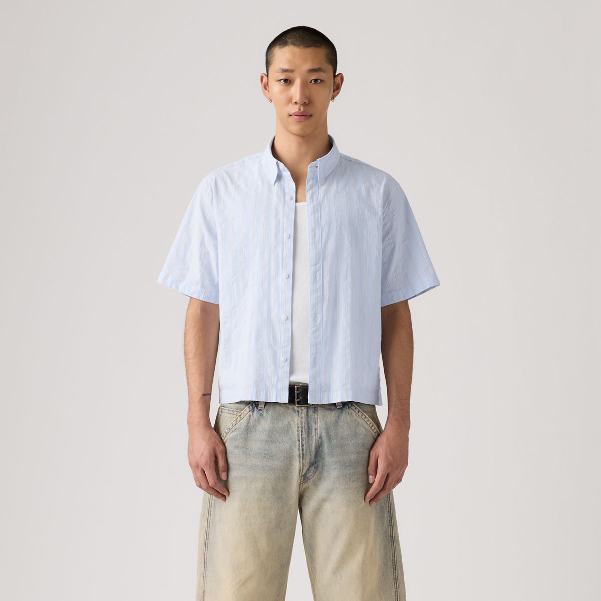 Short-Sleeve Lama Boxy Shirt — Bernal Stripe Soft Chambray - Blue