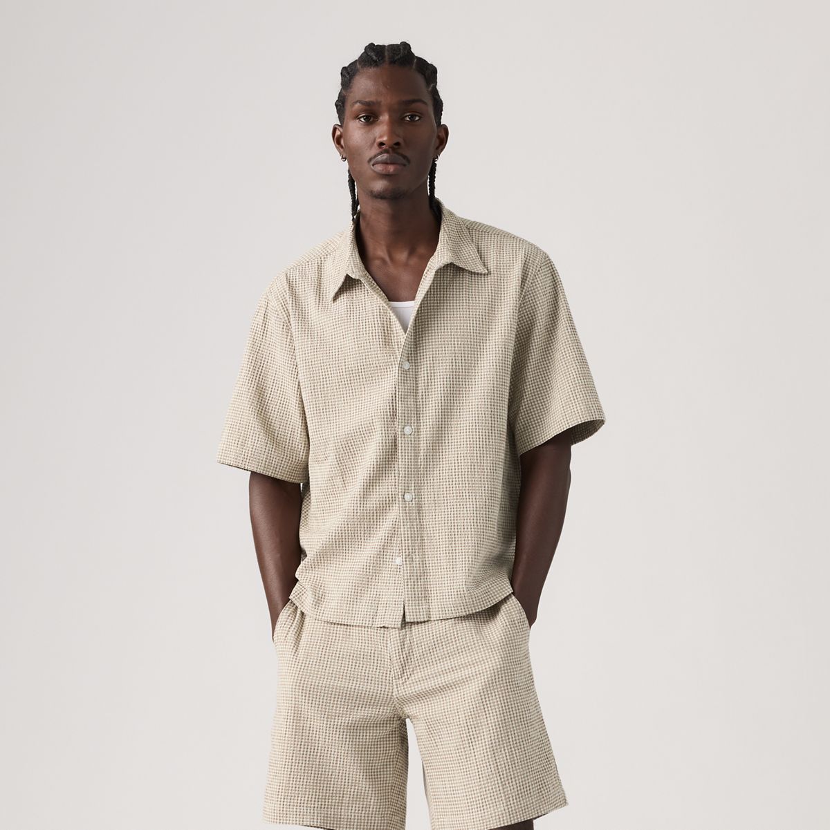 Short-Sleeve Lama Boxy Shirt — Cadiz Plaid Silver Birch - Brown