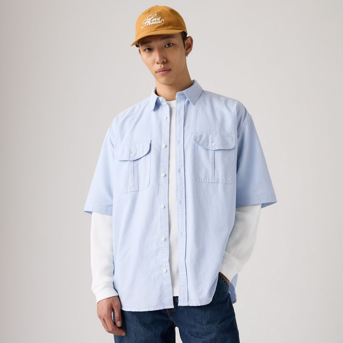 Short-Sleeve Pacifica Loose Oxford Shirt — Allure - Blue