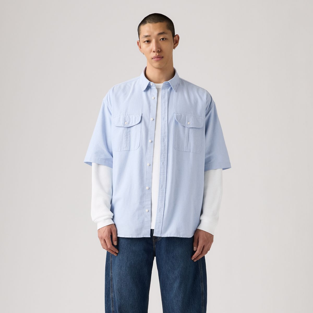 Short-Sleeve Pacifica Loose Oxford Shirt — Allure - Blue