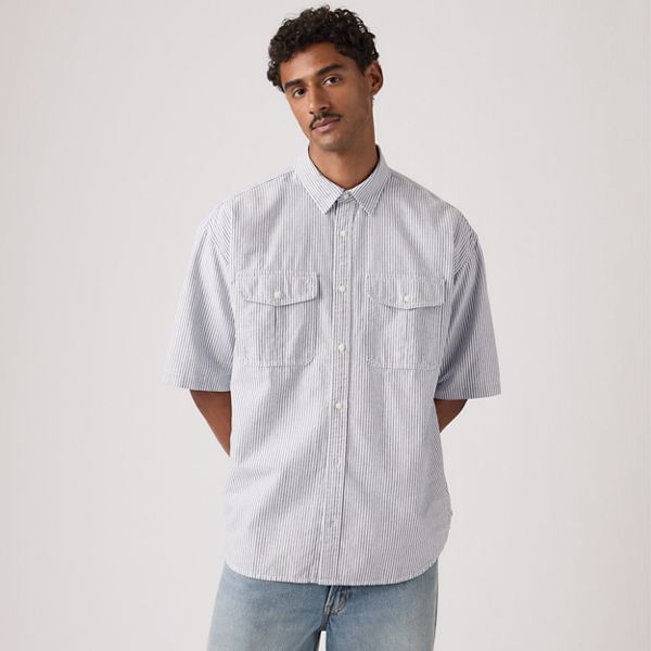 Short-Sleeve Pacifica Loose Oxford Shirt — Faro Stripe Jet Black - Grey