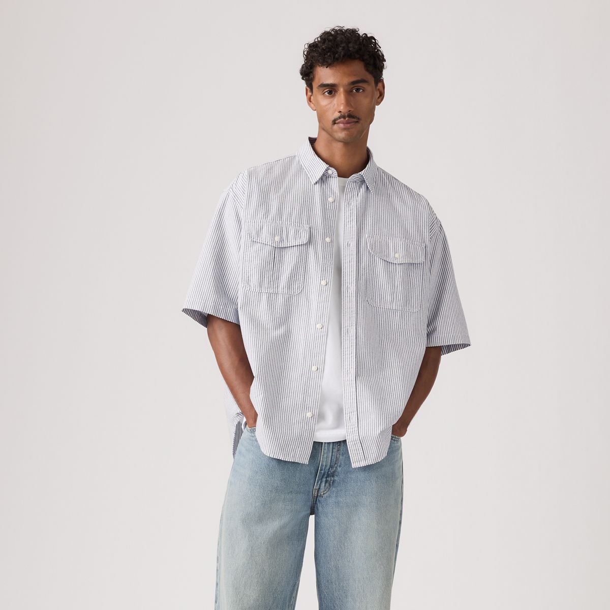 Short-Sleeve Pacifica Loose Oxford Shirt — Faro Stripe Jet Black - Grey