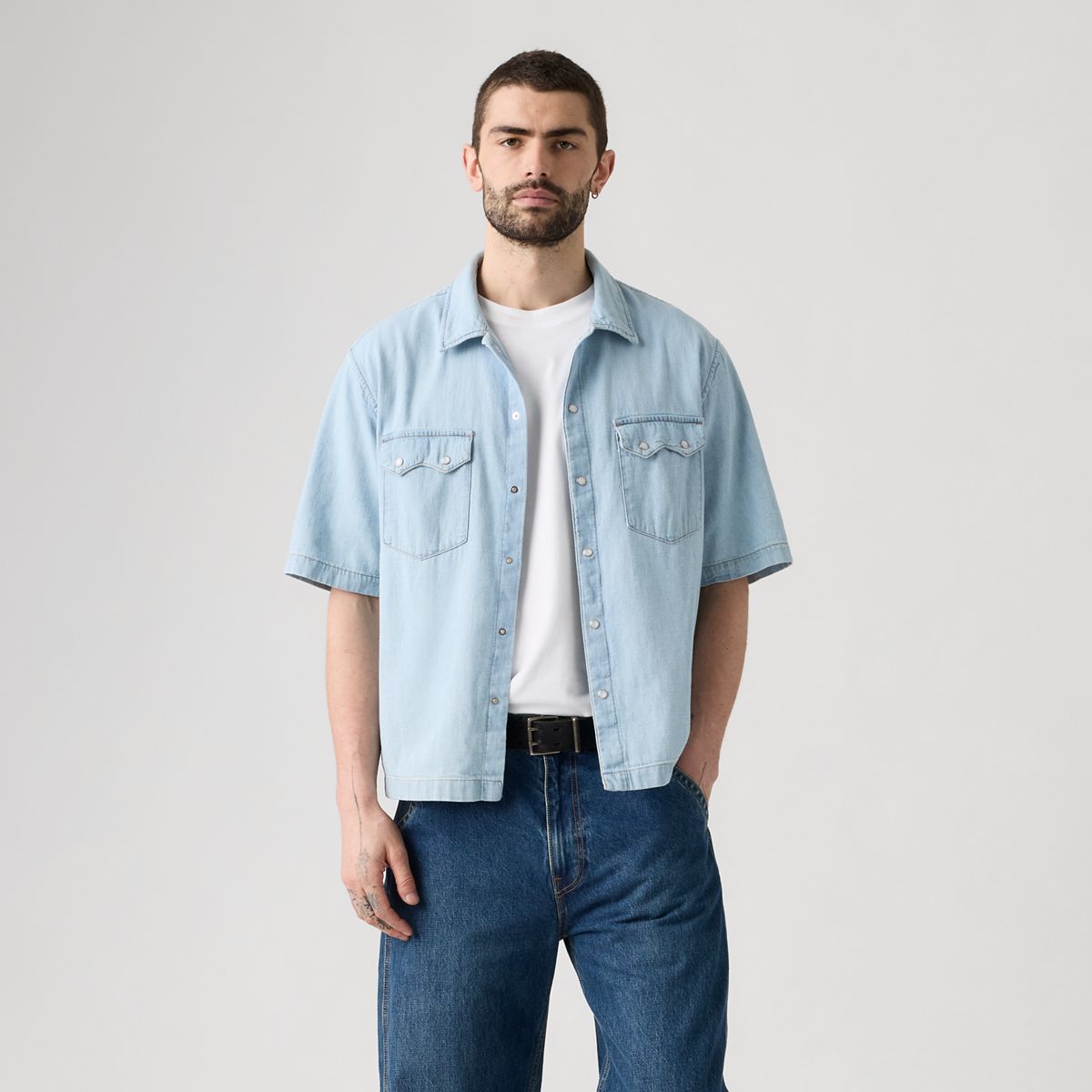 Boxy Western Short-Sleeve Shirt — In A Rush - Medium Wash