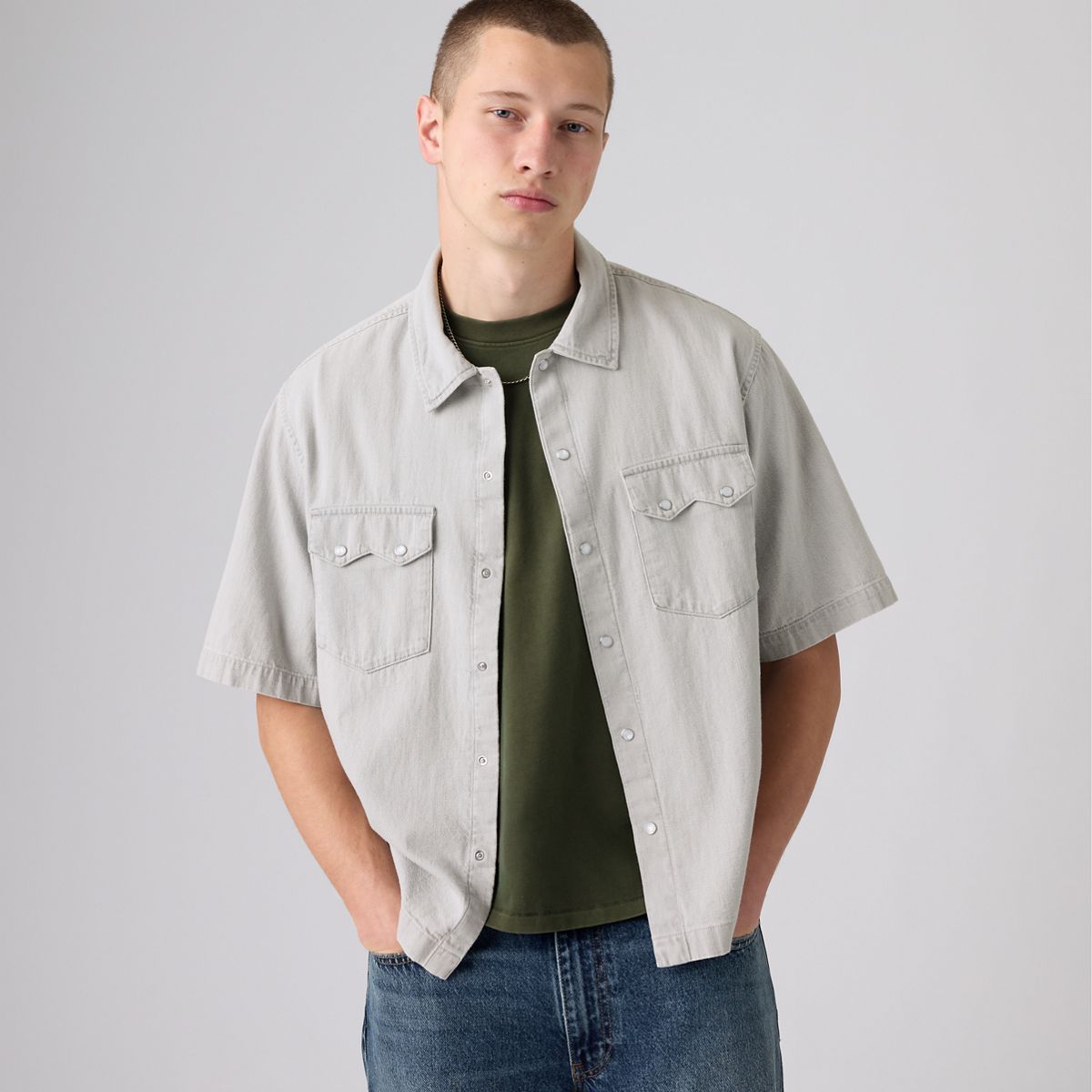 Boxy Western Short-Sleeve Shirt — Smokey Cloud - Grey