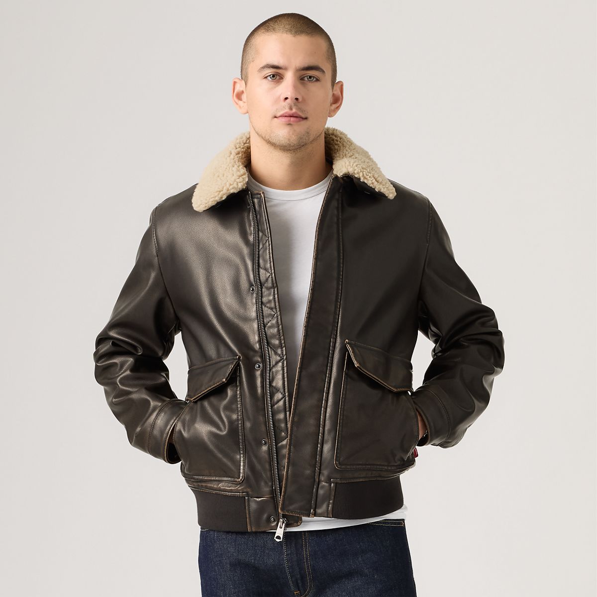 Aviator Jacket with Removeable Sherpa Collar — Dark Brown - Black