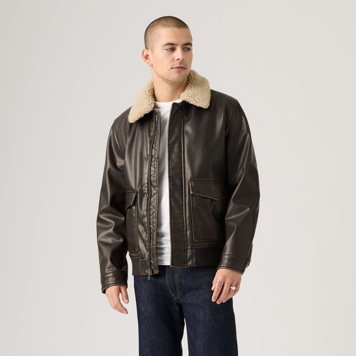 Aviator Jacket with Removeable Sherpa Collar — Dark Brown - Black