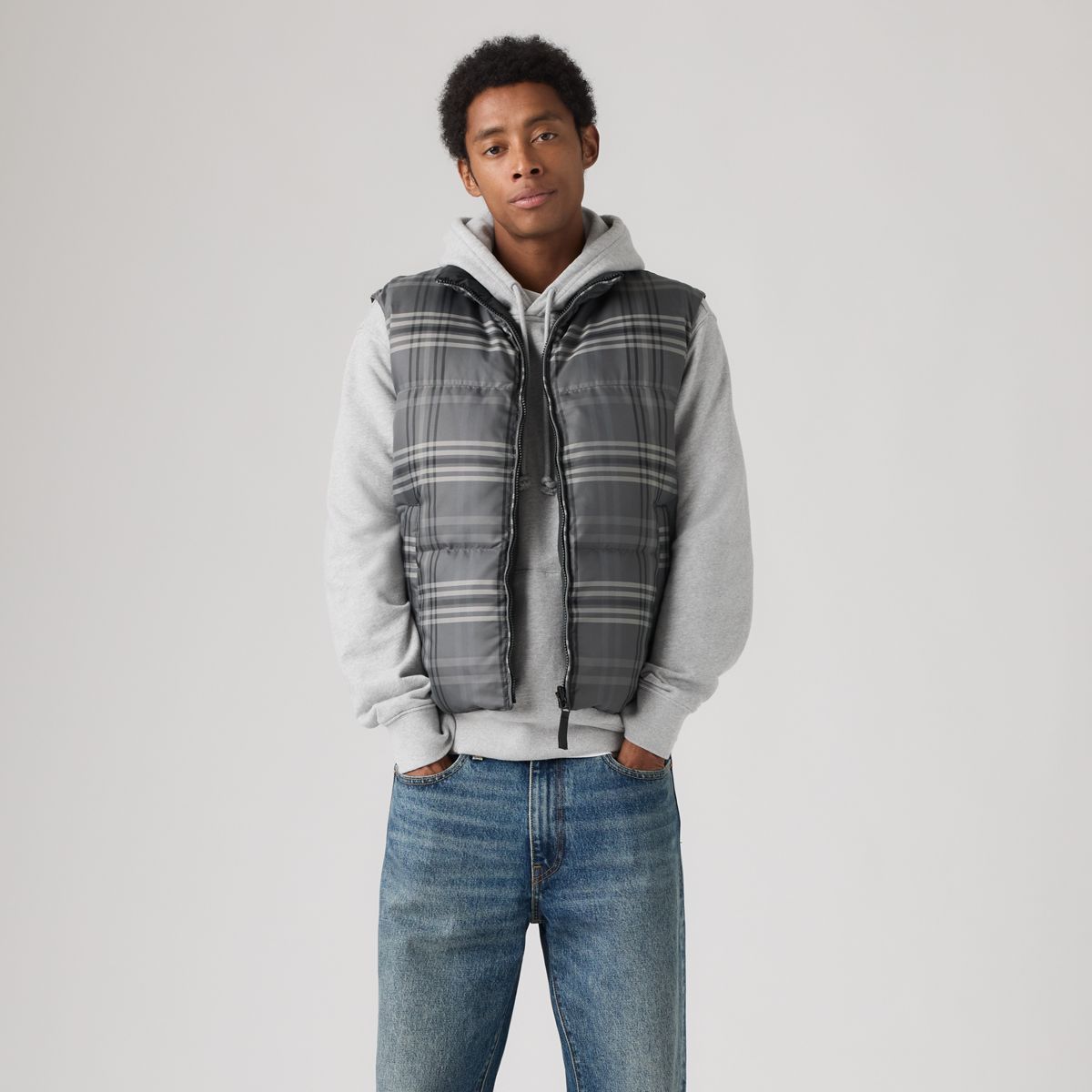 Rockwell Reversible Vest — Dutton Plaid Grey Pinstripe Rip Stop - Grey