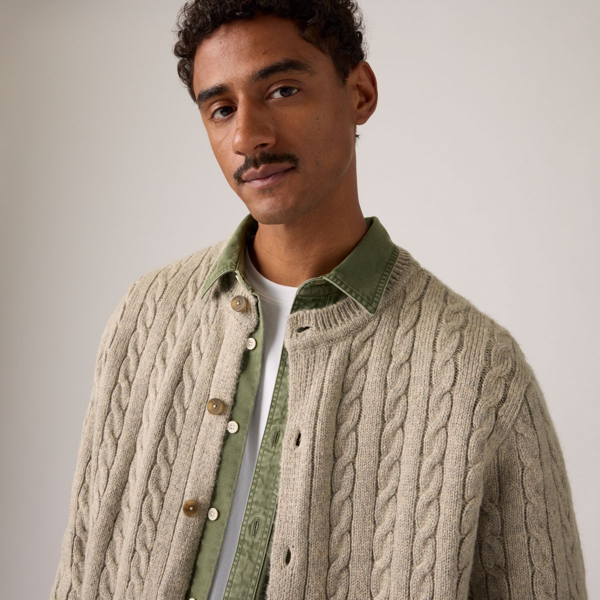 Fulton Crew Cardigan — Brindle Heather - White