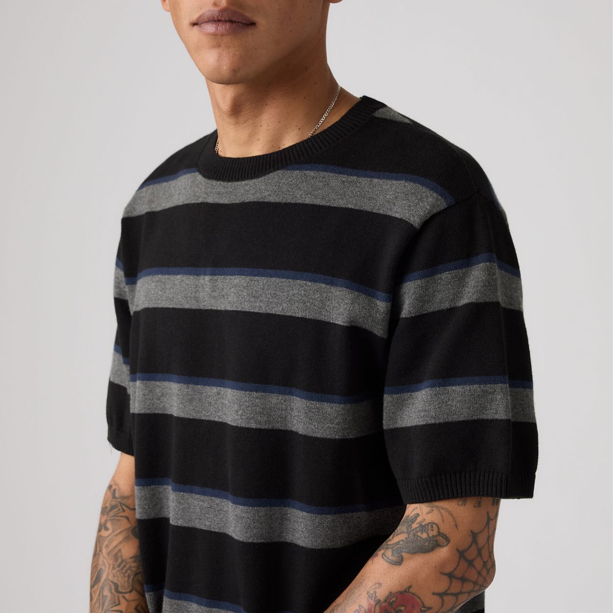 Short-Sleeve Sweater — Terrace Stripe Charcoal Heather - Grey