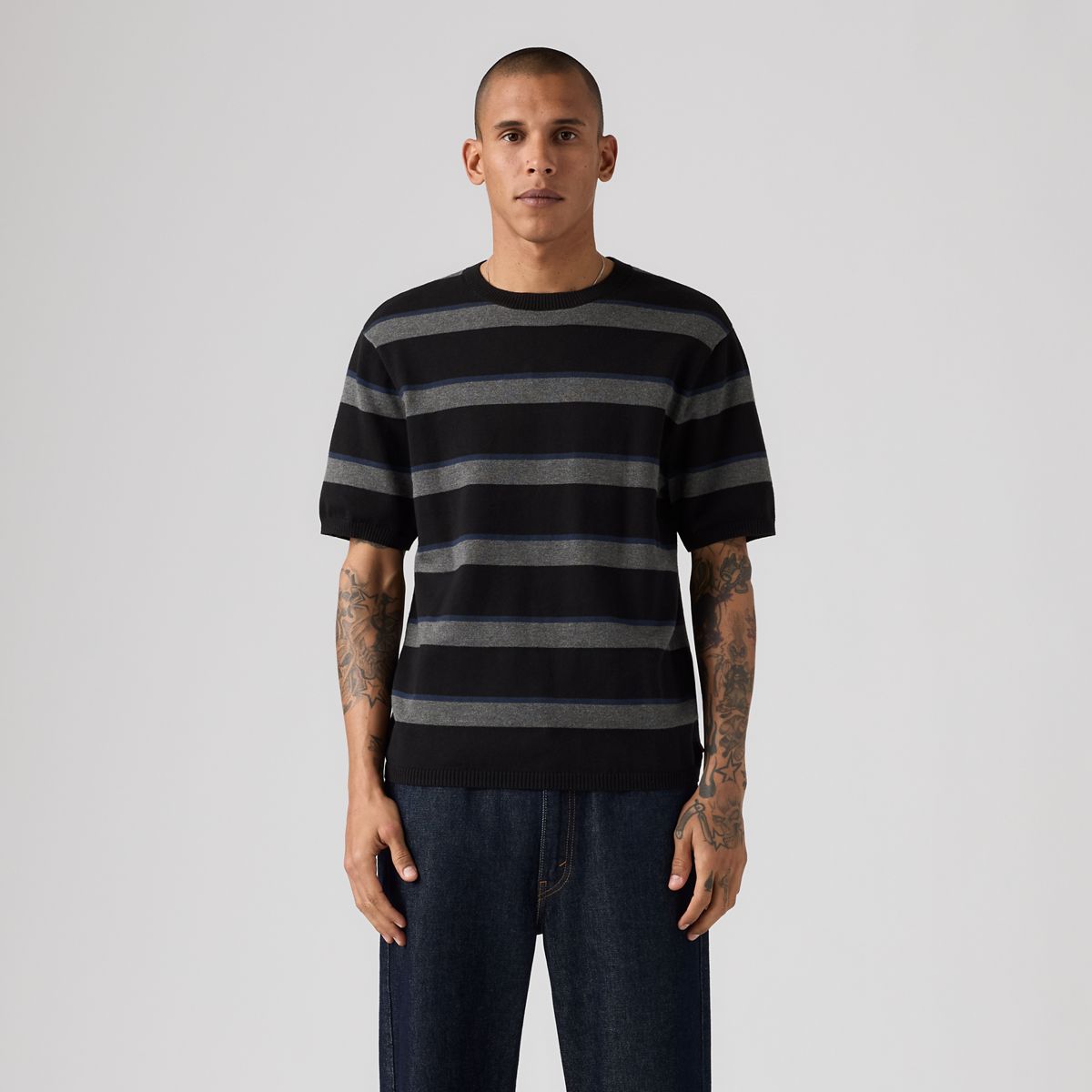 Short-Sleeve Sweater — Terrace Stripe Charcoal Heather - Grey