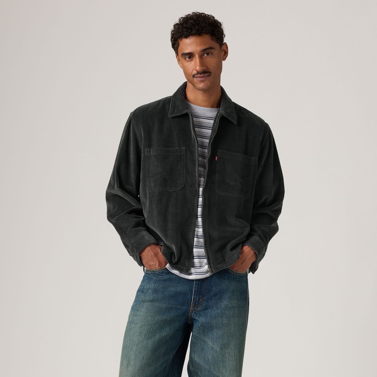 Ports Boxy Corduroy Zip-Up Overshirt — Dark Phantom - Black
