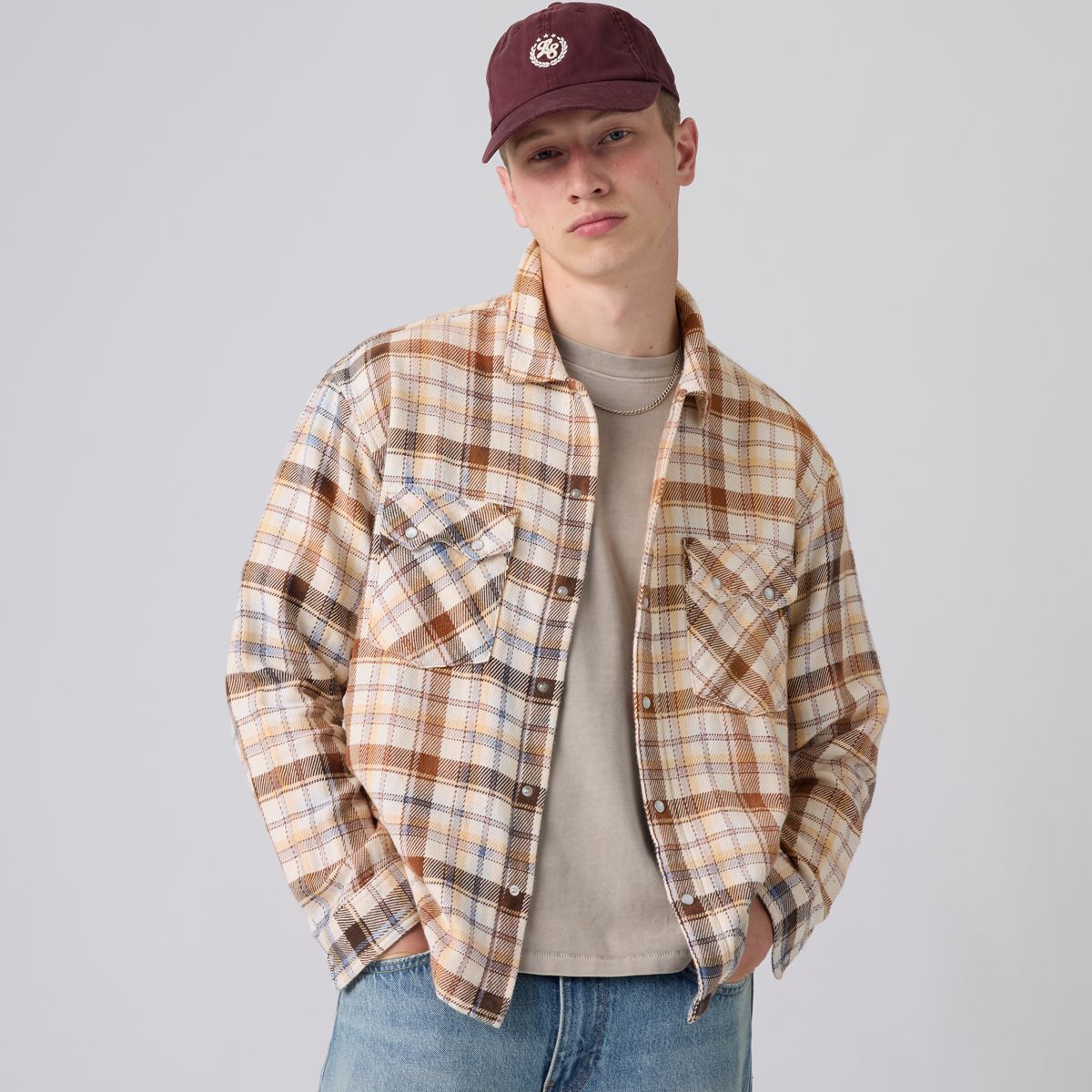 Boxy Western Flannel Long-Sleeve Shirt — Tanner Plaid Whitecap Gray - Multi-Color