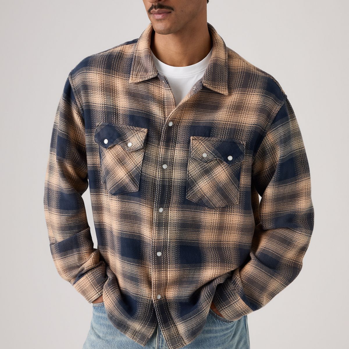 Boxy Western Flannel Long-Sleeve Shirt — Pier 89 Plaid Blue/Cream - Multi-Color