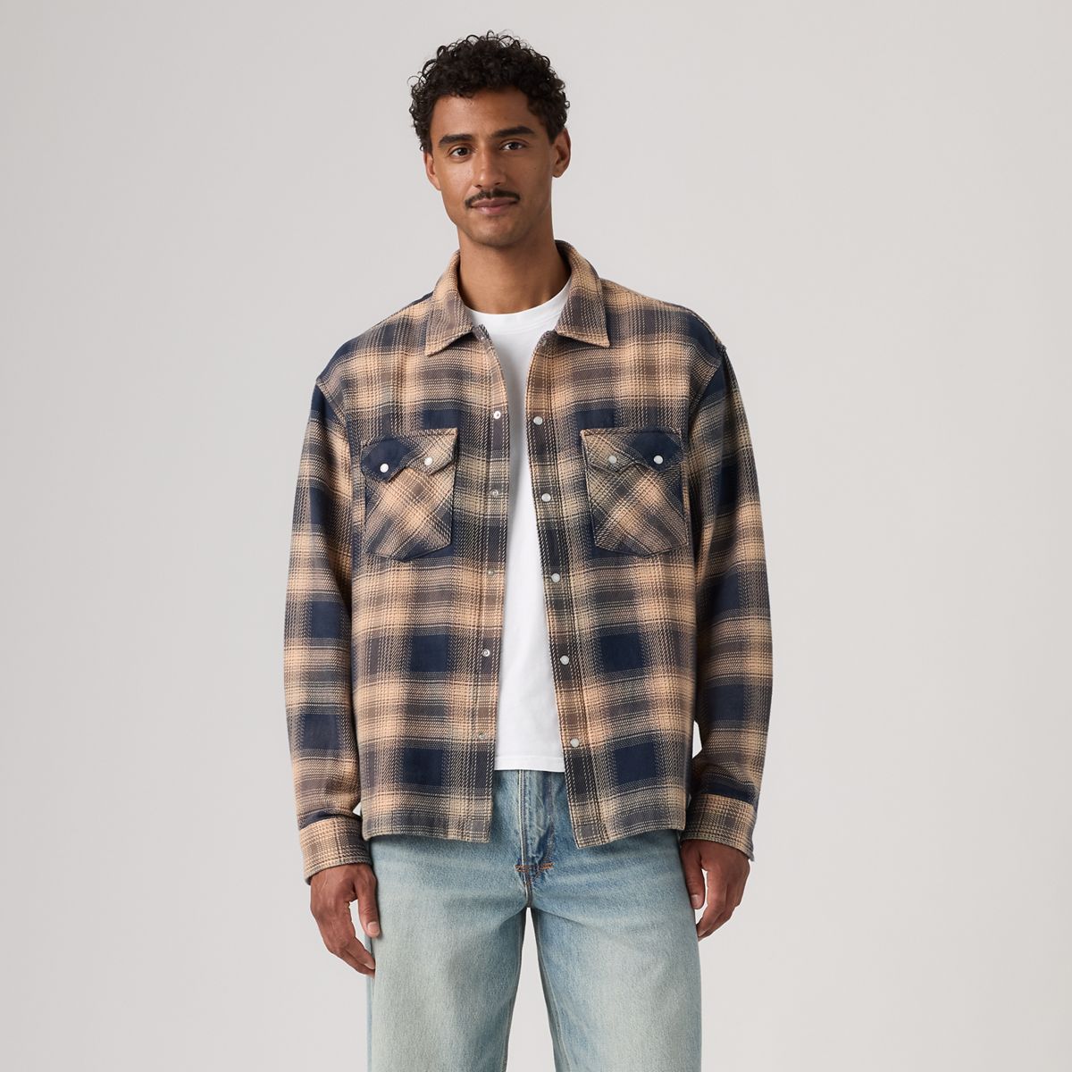 Boxy Western Flannel Long-Sleeve Shirt — Pier 89 Plaid Blue/Cream - Multi-Color