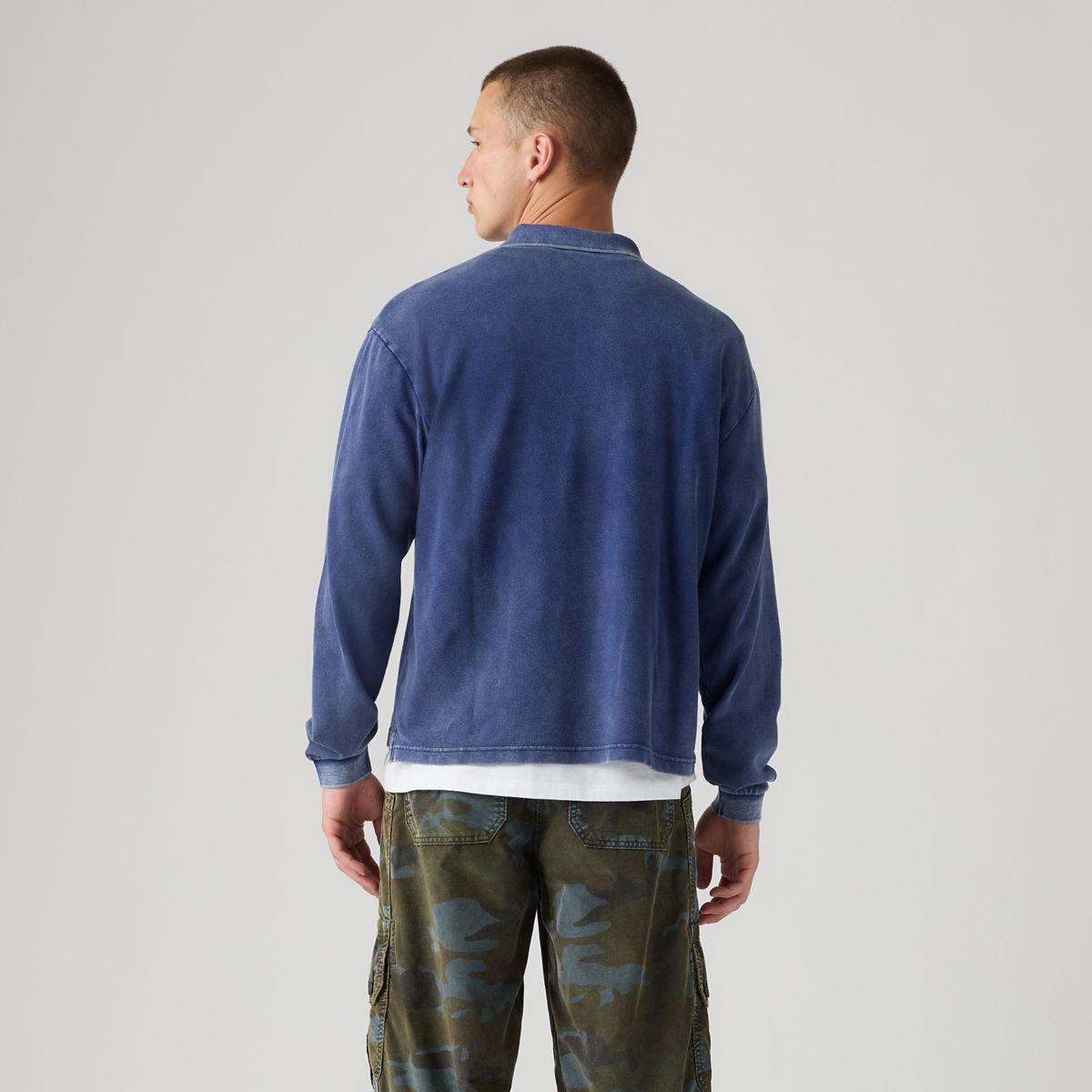 100% Cotton Finn Boxy Long-Sleeve Polo — Dapple Medieval Blue - Blue