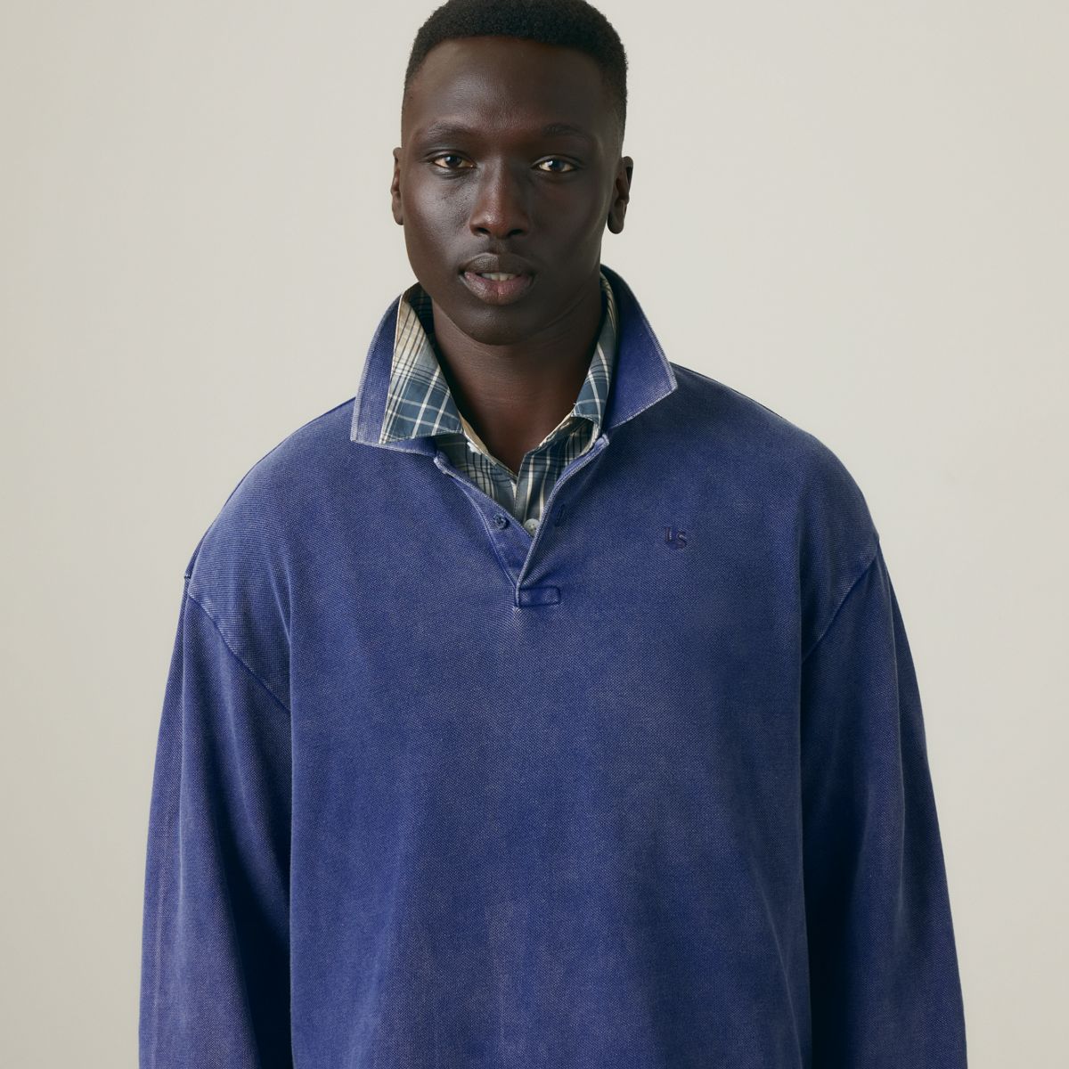 100% Cotton Finn Boxy Long-Sleeve Polo — Dapple Medieval Blue - Blue