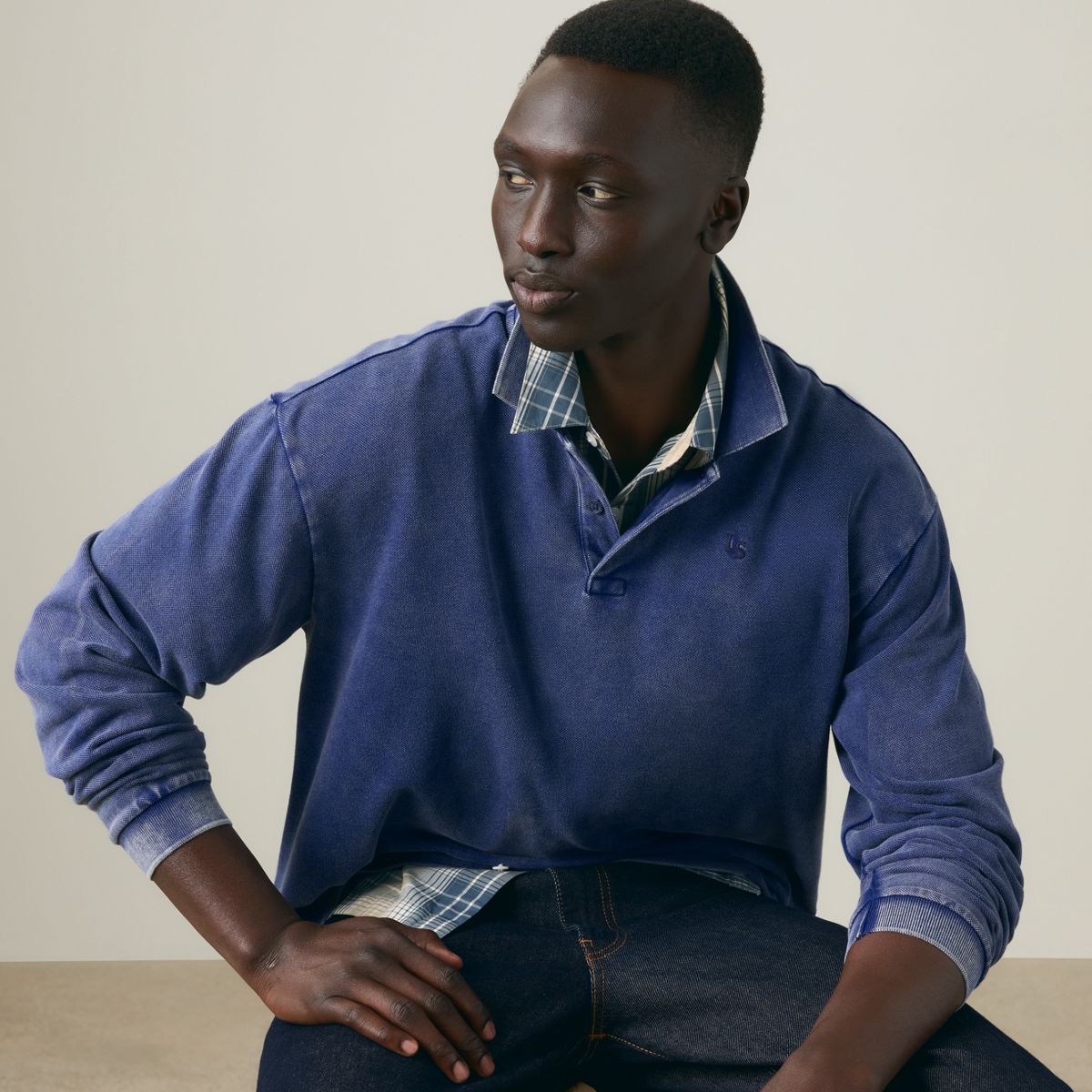 100% Cotton Finn Boxy Long-Sleeve Polo — Dapple Medieval Blue - Blue