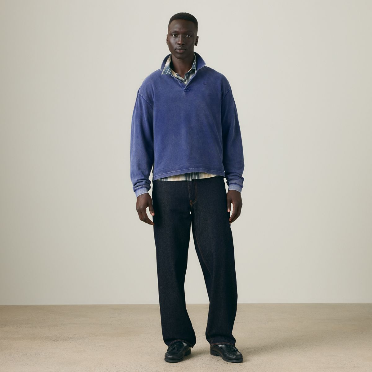 100% Cotton Finn Boxy Long-Sleeve Polo — Dapple Medieval Blue - Blue