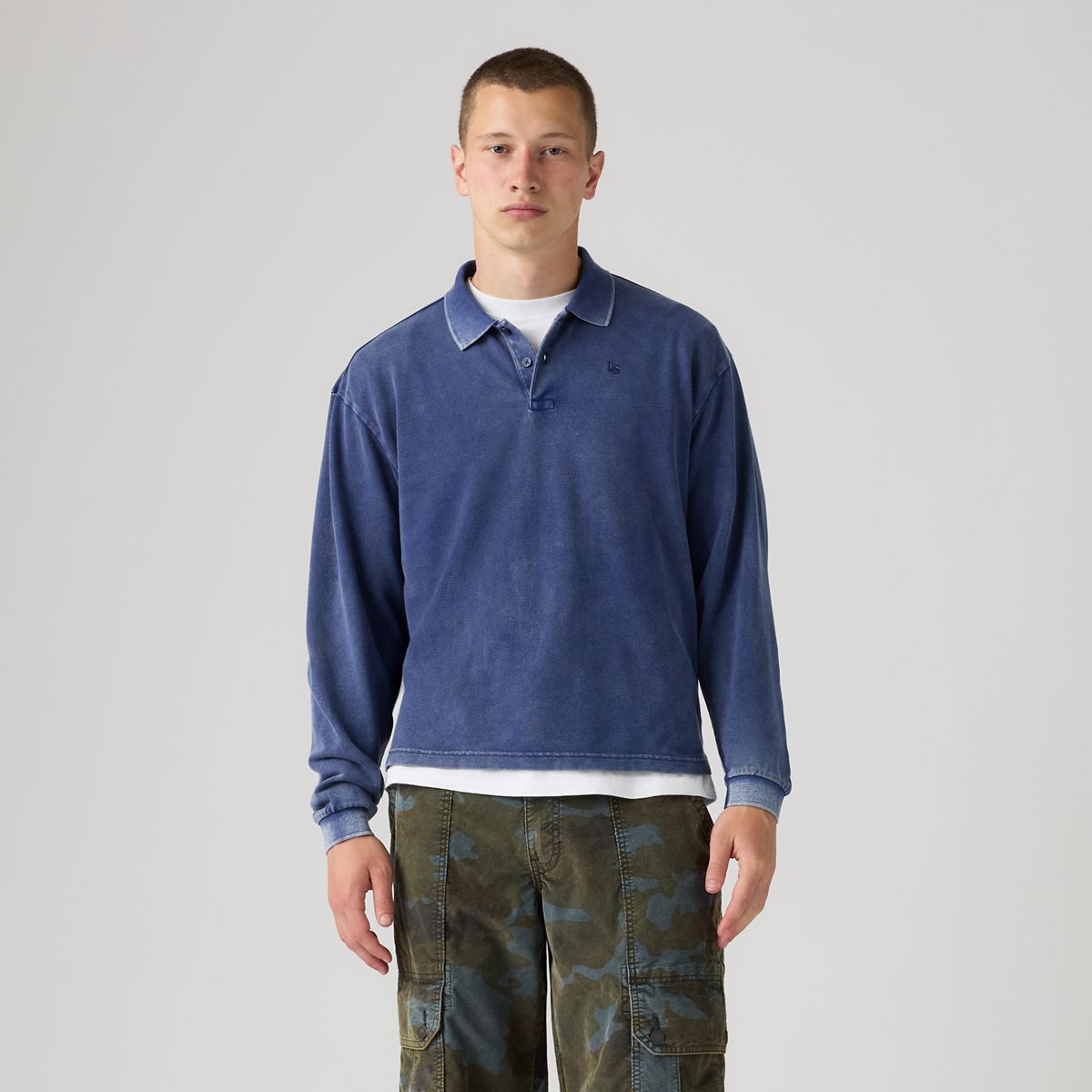 100% Cotton Finn Boxy Long-Sleeve Polo — Dapple Medieval Blue - Blue