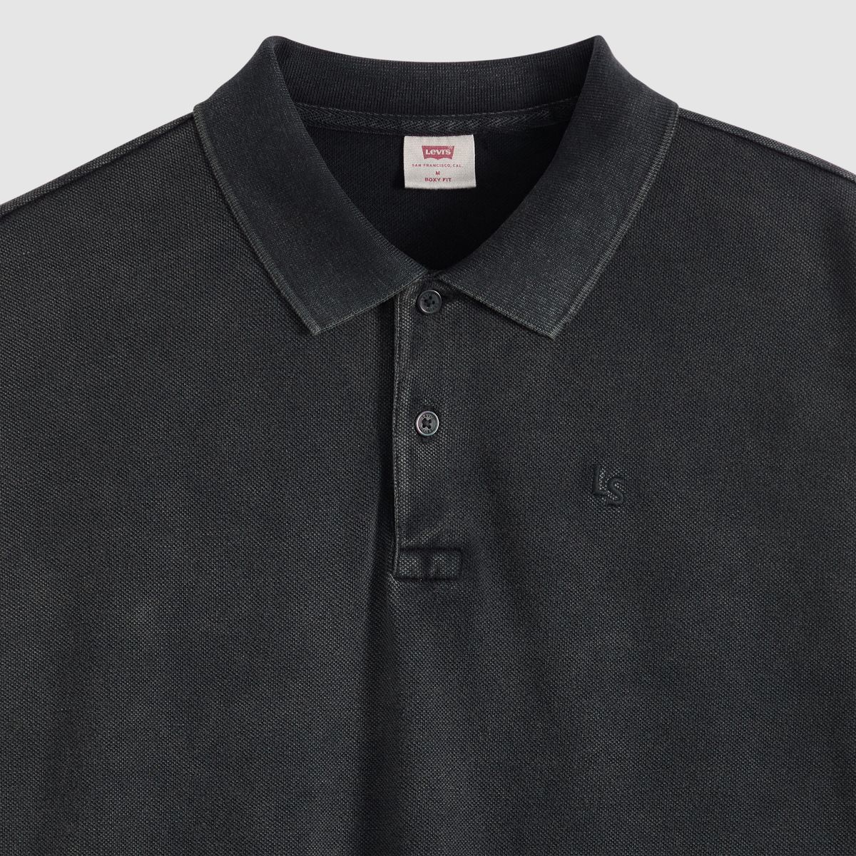 100% Cotton Finn Boxy Long-Sleeve Polo — Dapple Jet Black - Black