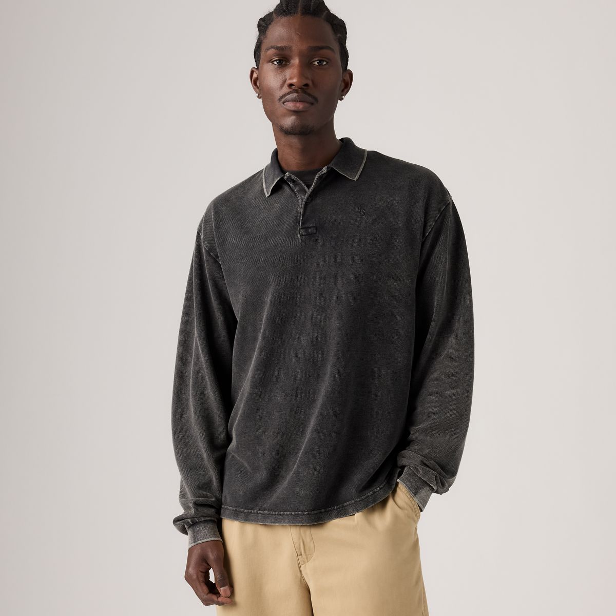 100% Cotton Finn Boxy Long-Sleeve Polo — Dapple Jet Black - Black