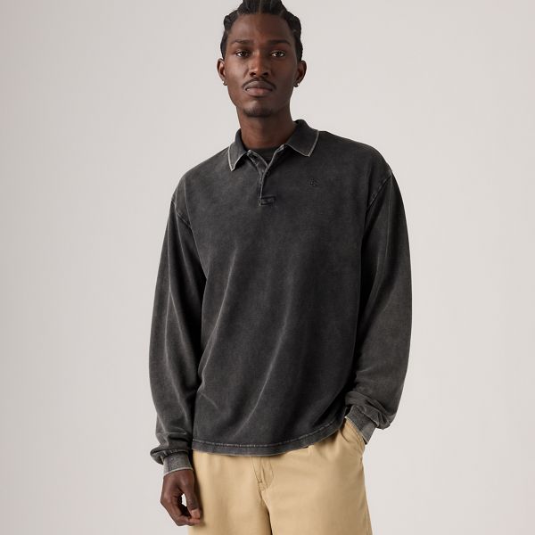 100% Cotton Finn Boxy Long-Sleeve Polo — Dapple Jet Black - Black
