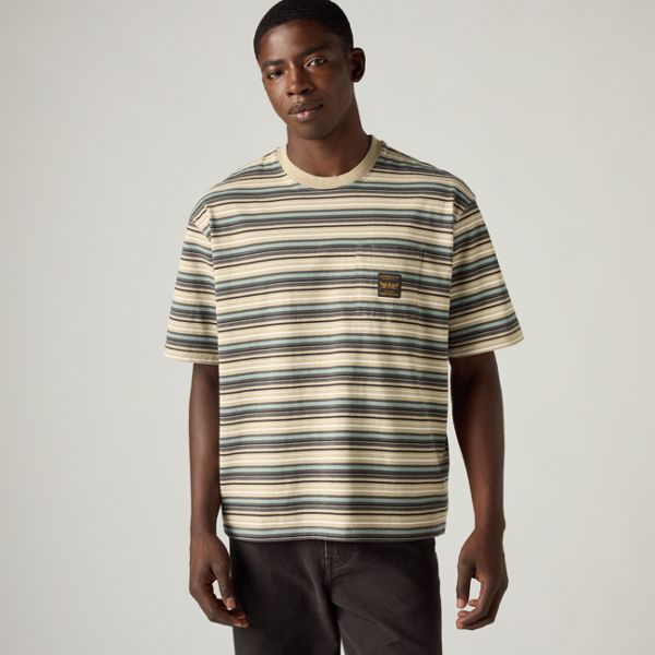 Workwear Boxy Pocket Short-Sleeve T-Shirt — Jason Stripe Trench Coat Volcanic Ash - Multi-Color